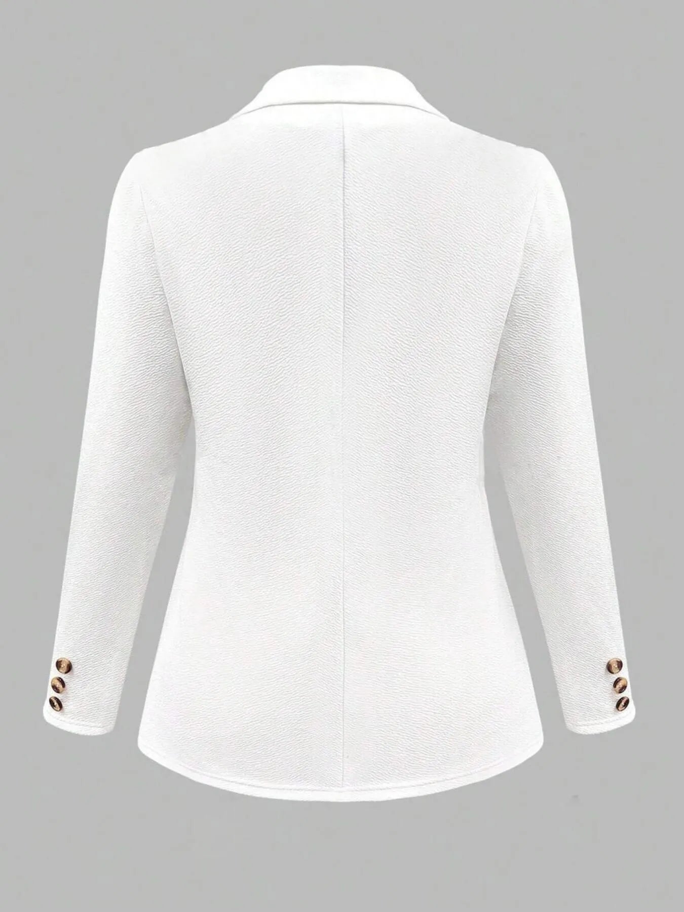 White blazer back view with seam detail and gold-button cuffs