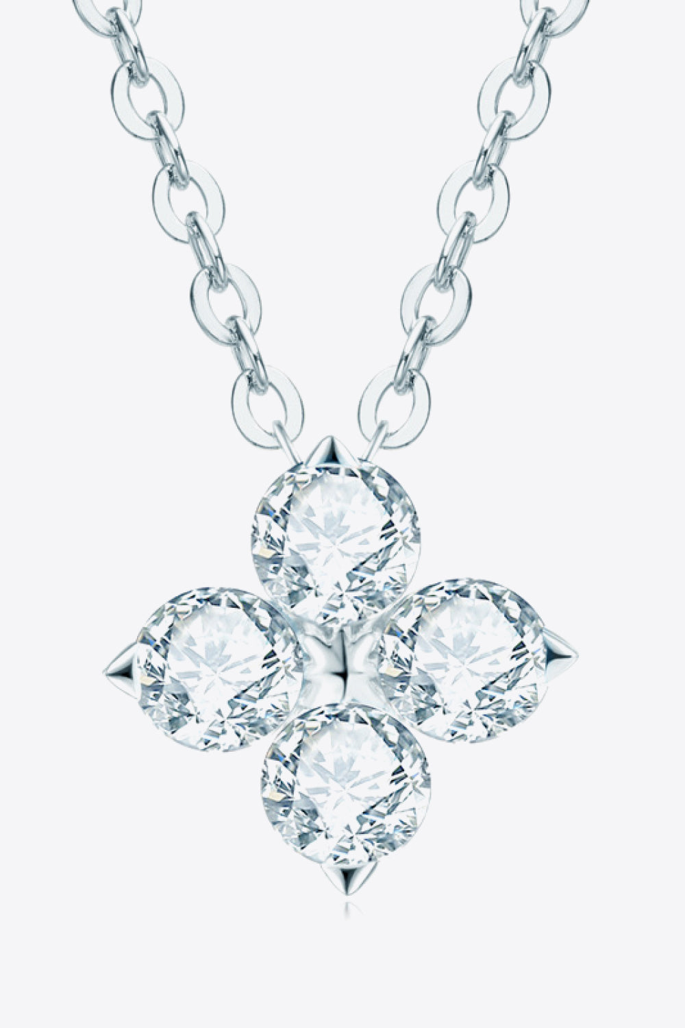 Silver-tone four-leaf clover pendant necklace with four round stones and oval leaf edges