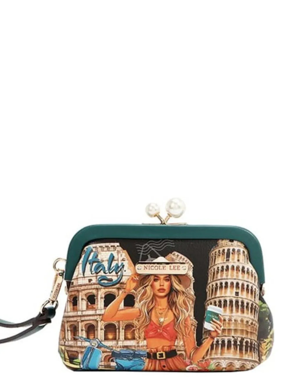 Chelsea kiss-lock coin purse with pearl clasp and Italy graphic front, side view