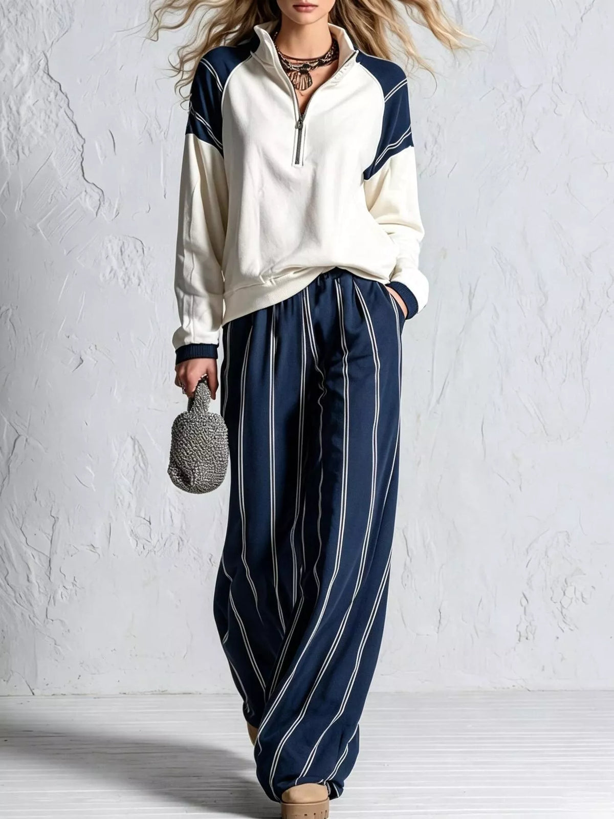 Navy striped lounge set with quarter-zip pullover and wide-leg pants