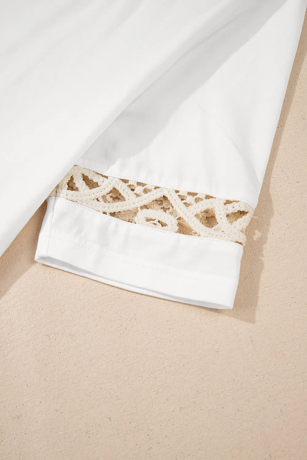 Cedar & Moore Lace Crochet Crew Neck Casual T Shirt, white tee with lace cuff trim