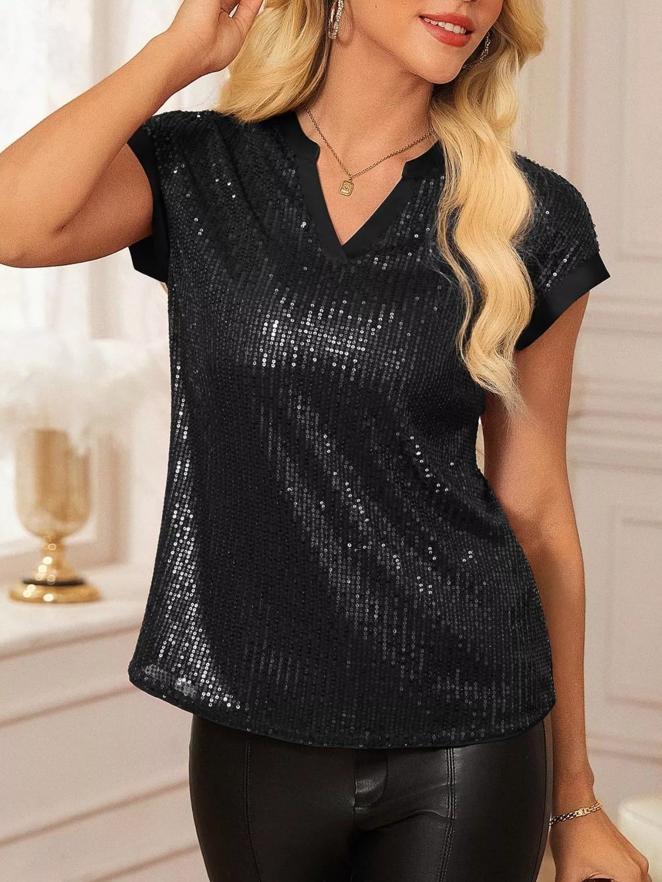 Sequin Notched Cap Sleeve Blouse, black sequined top for dressy occasions