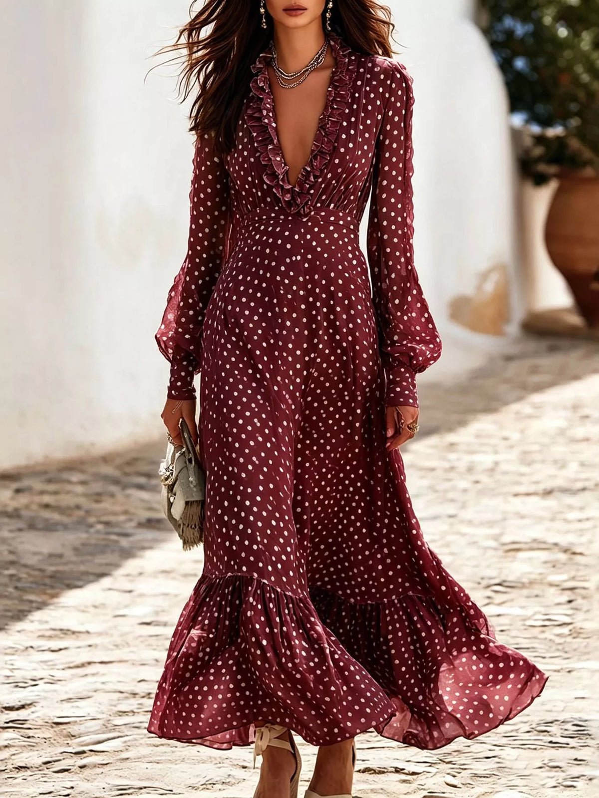 Burgundy polka-dot ruffle V-neck stretch maxi dress with long sleeves and tiered hem