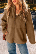 Fleece zip-up hooded jacket with drawstring, khaki-brown front and pockets