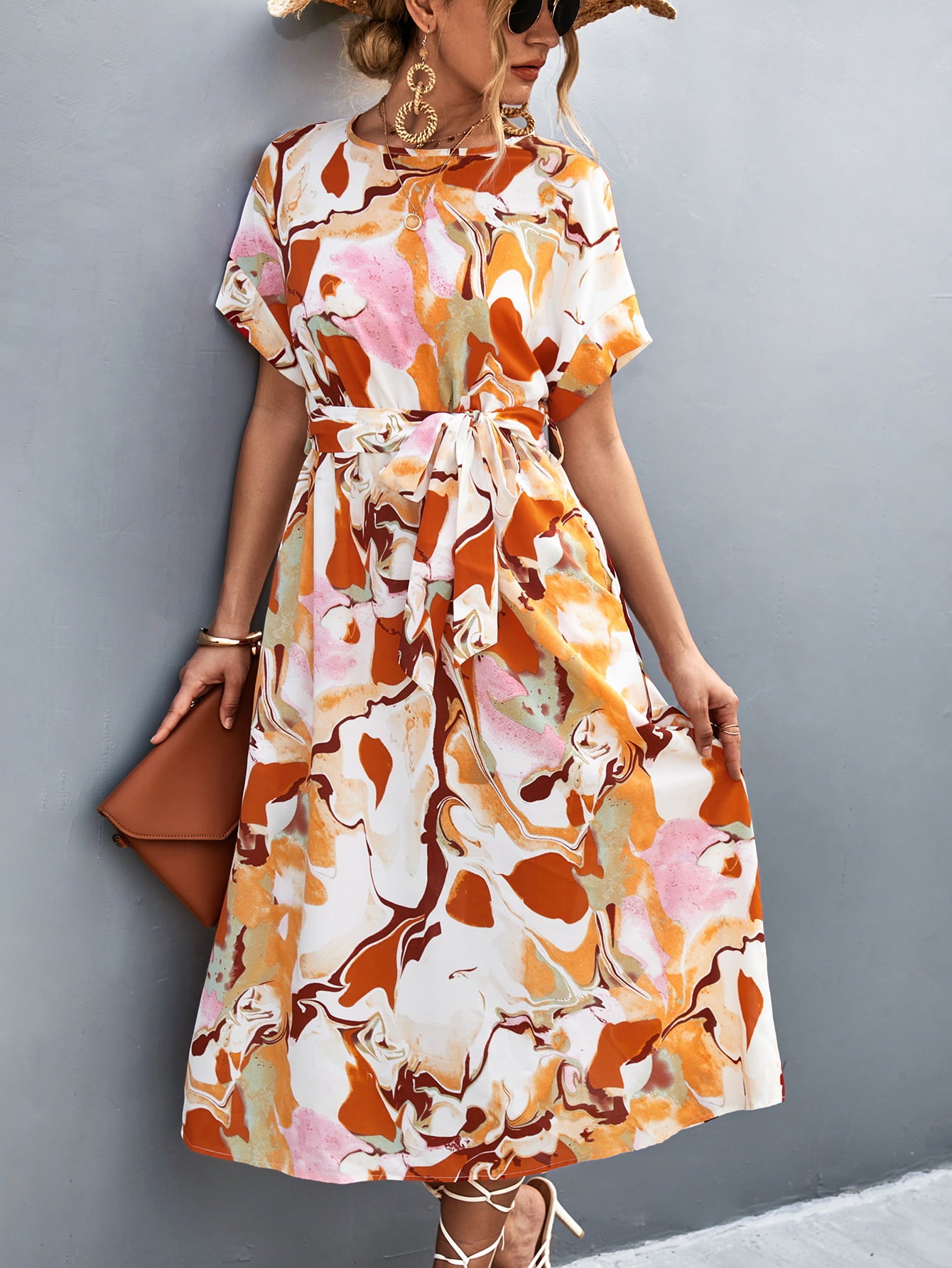 Orange-red abstract midi tie-waist dress with round neck and short sleeves, tie belt
