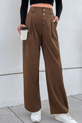 Brown wide-leg button-fly pleated pants with pockets, belt loops, front buttons