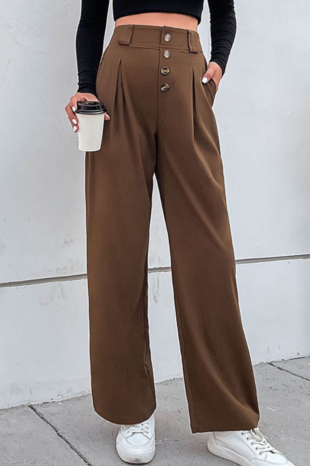 Brown wide-leg button-fly pleated pants with pockets, belt loops, front buttons
