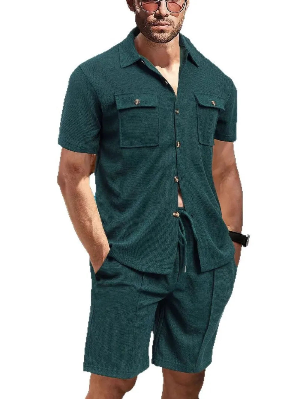 Men's short-sleeve button-down and shorts set in deep teal; chest pockets and drawstring waist