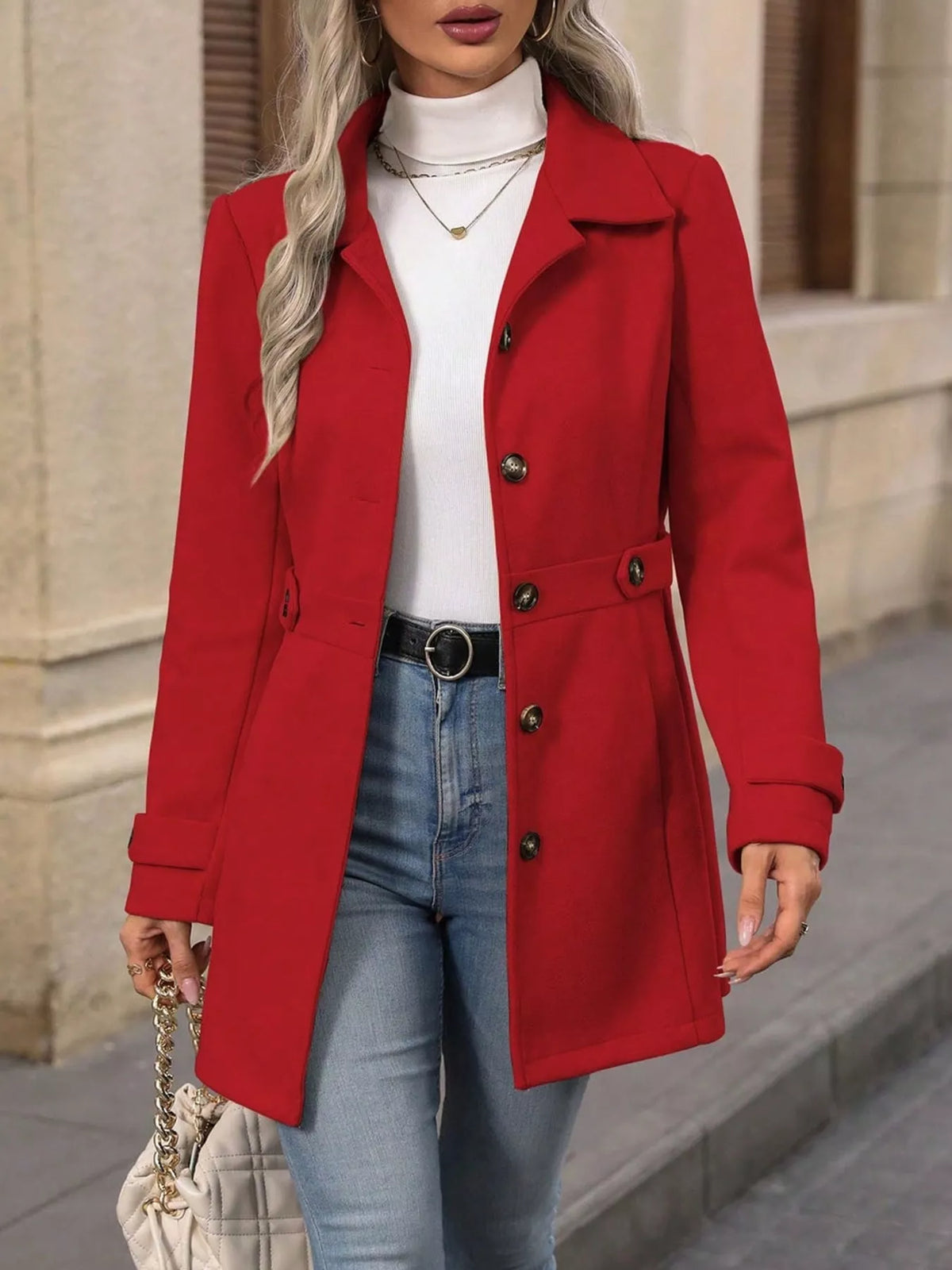 Red long-sleeve single-breasted coat with notched lapel and button front