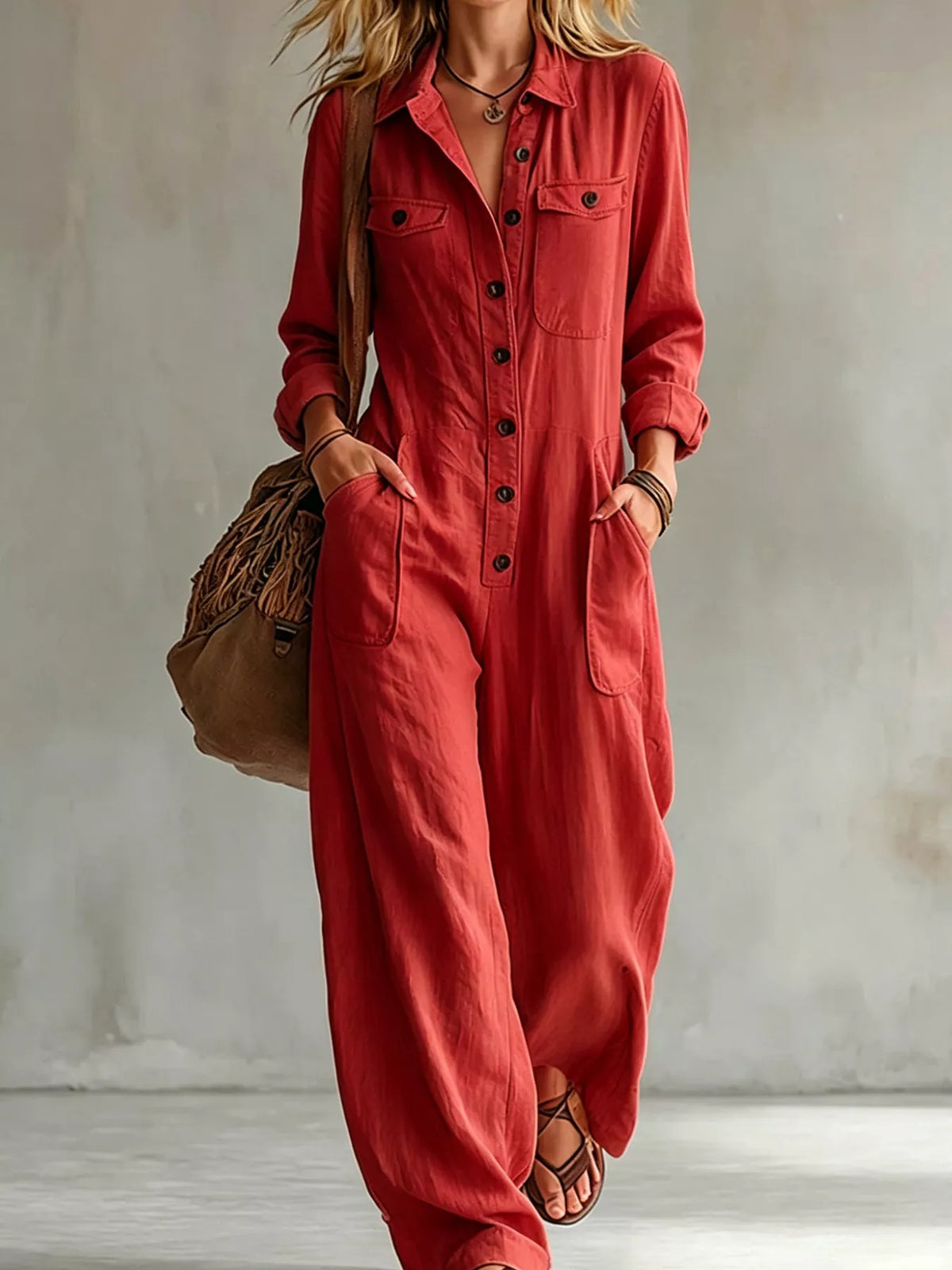 Casual long-sleeve button-front jumpsuit in red with button placket and side pockets