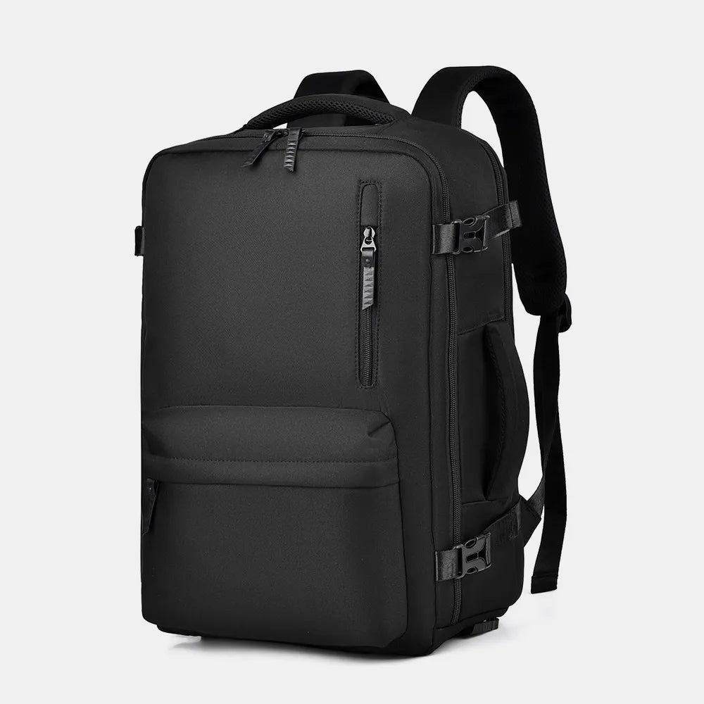 Black oxford backpack with front zipper, side pockets, top handle and adjustable straps