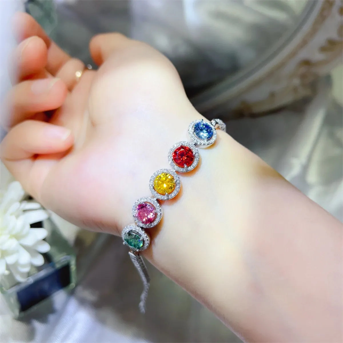 925 sterling silver bracelet with multicolor round gemstone charms and sparkle band