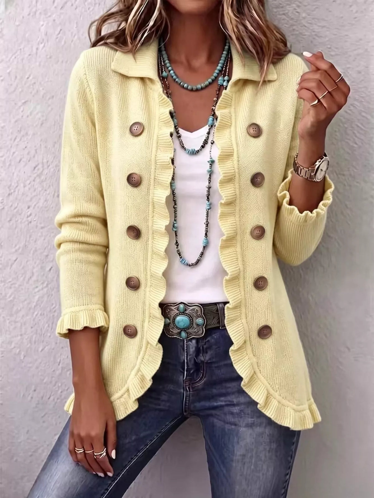 Yellow ribbed ruffled button cardigan sweater with brown buttons