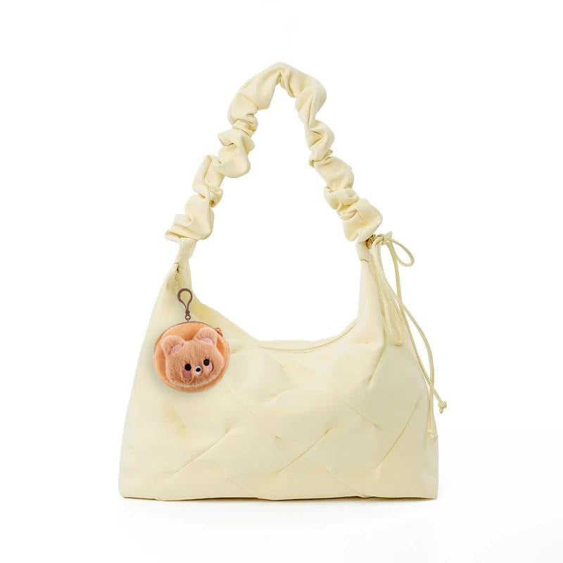 Ruched Handle Shoulder Bag, medium cream PU, teddy bear charm.