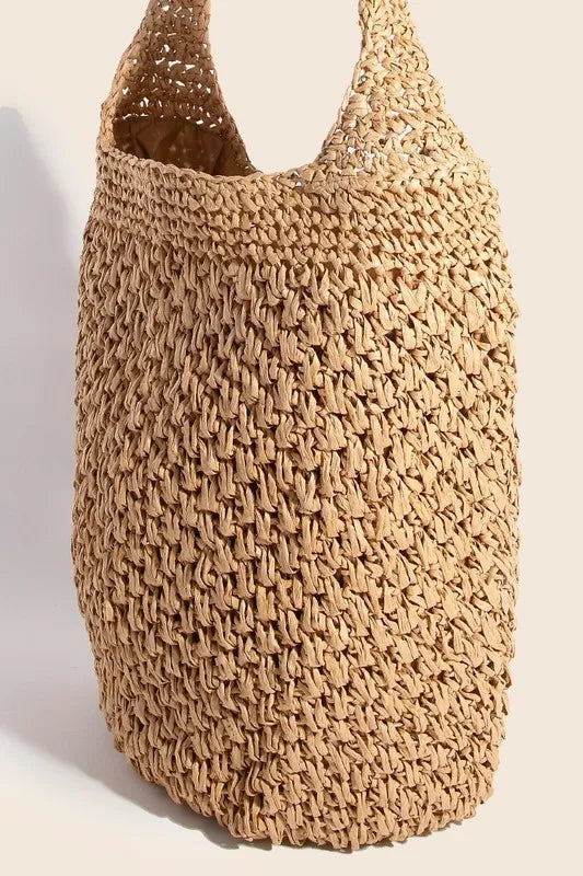 Camel braided hobo shoulder bag with slouchy oval shape and shoulder-length straps