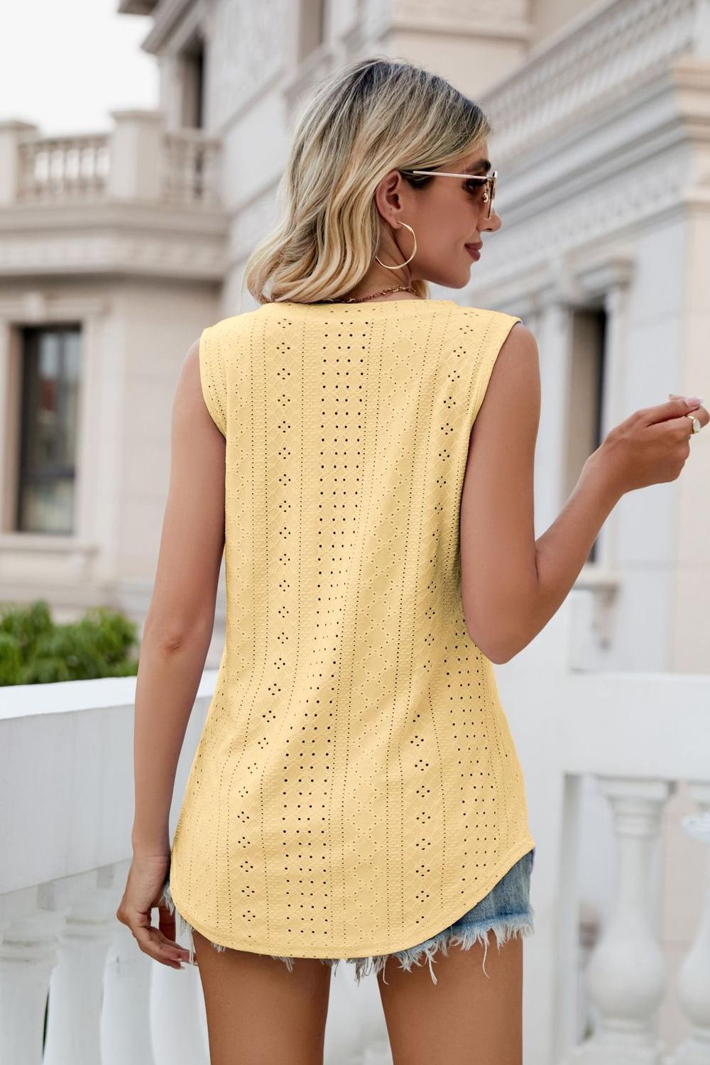 Yellow eyelet V-neck tank, sleeveless back with lace cutout pattern