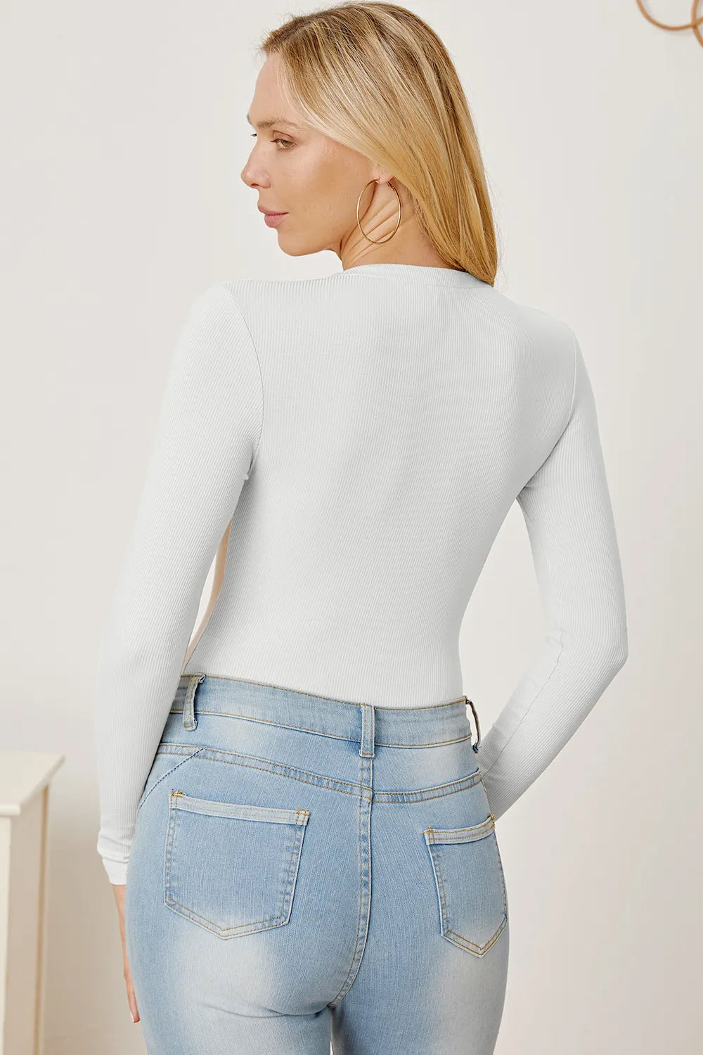 Back zip-up long-sleeve bodysuit, white ribbed knit, full-length zipper