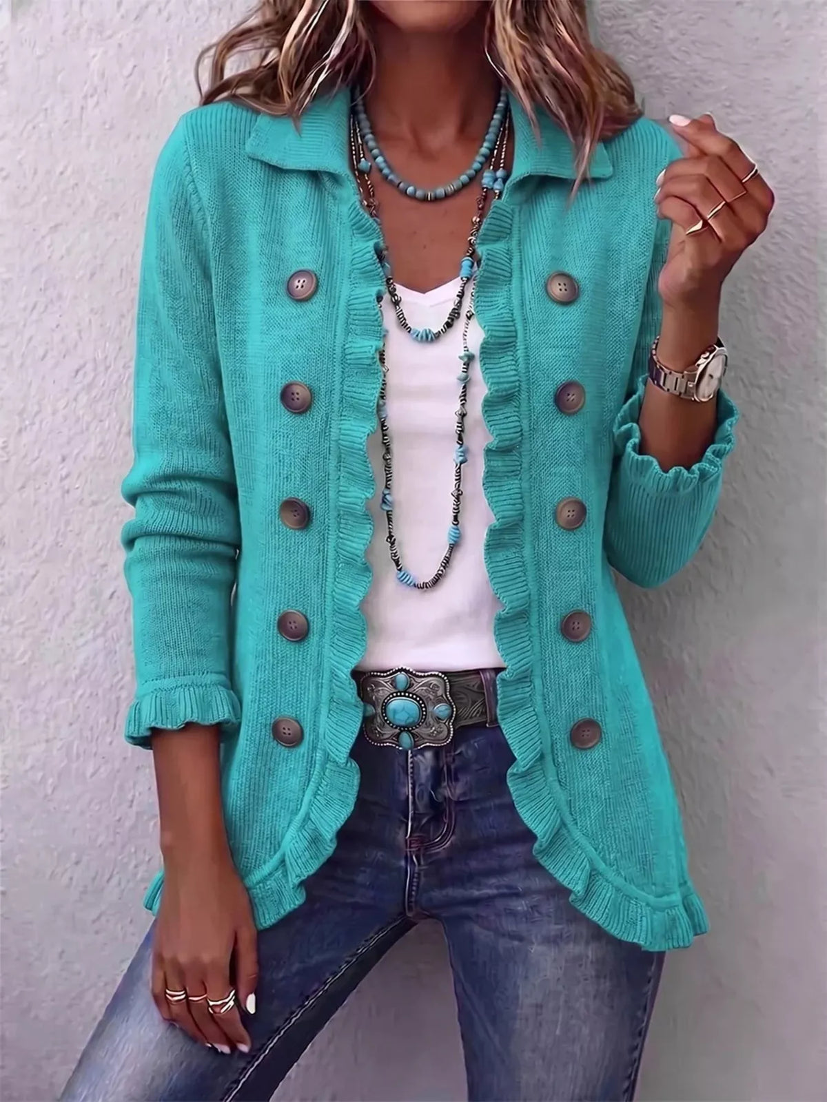 Teal ribbed ruffle button-up cardigan sweater with round front buttons and scalloped edges