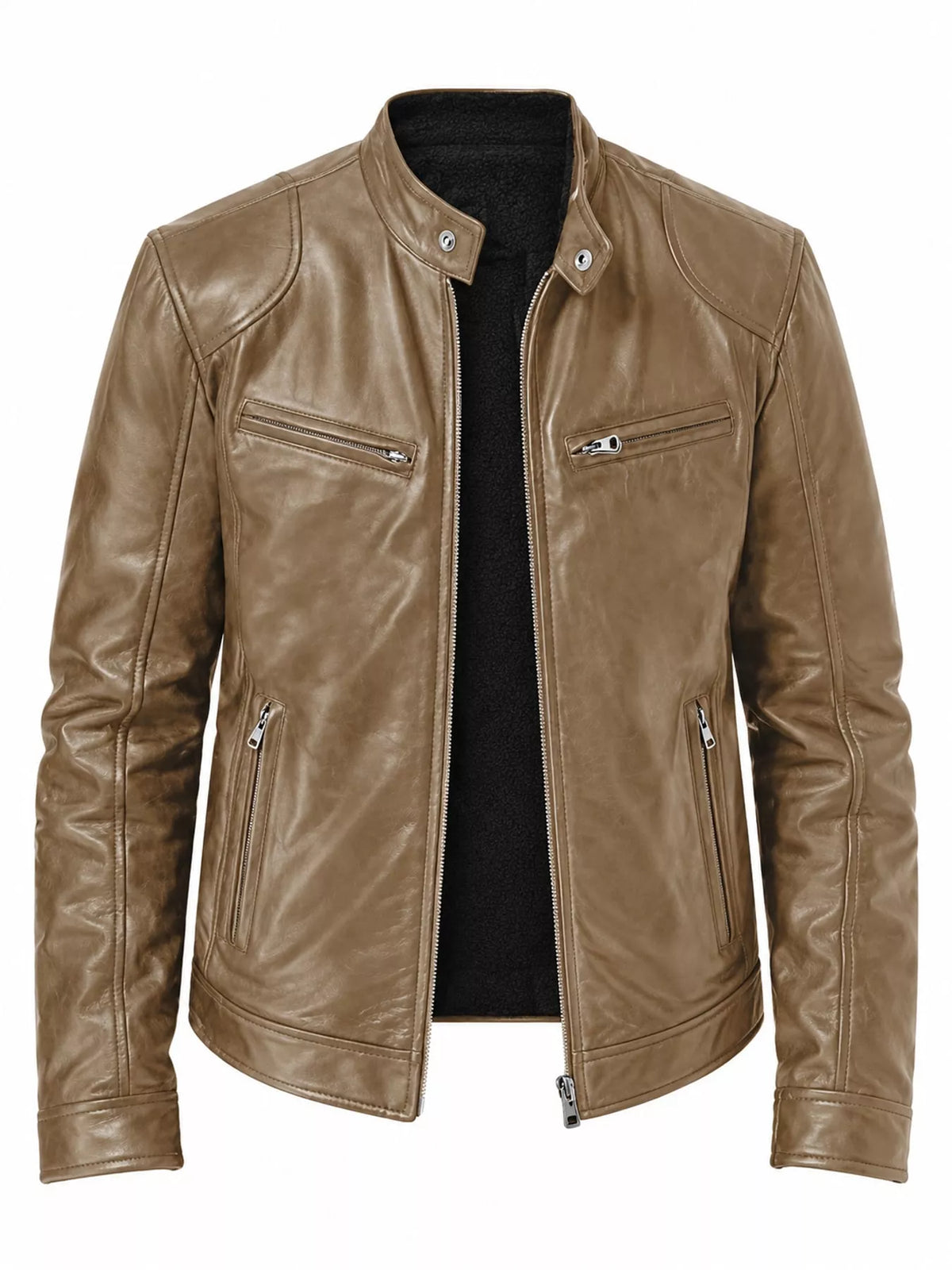 Men's zip-up vegan leather jacket in tan with stand collar and zip front
