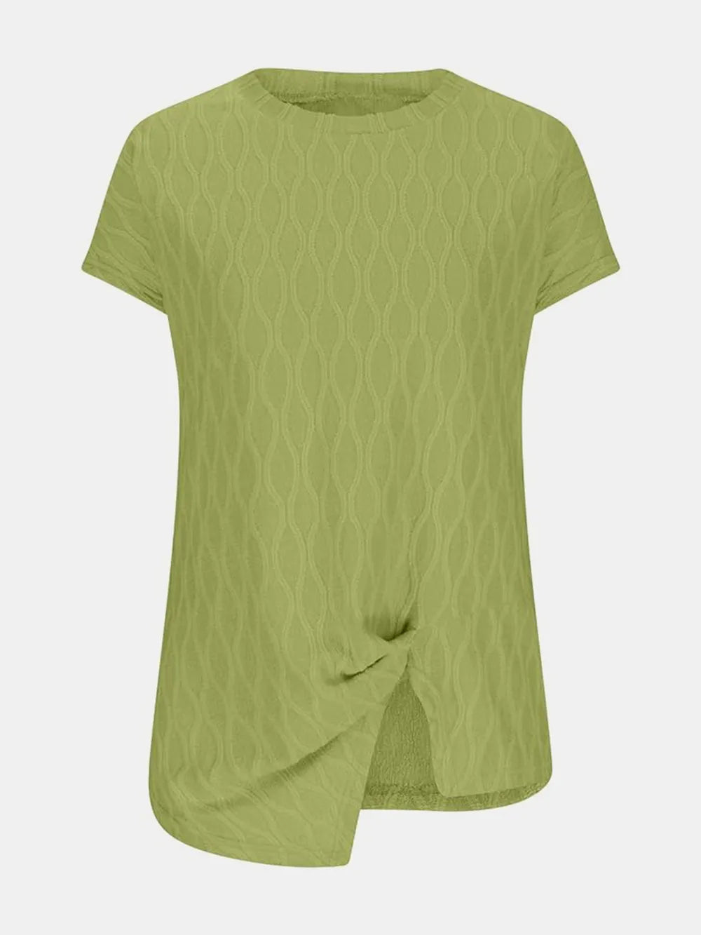 Round-neck short-sleeve T-shirt in yellow-green, side-slit hem and crew neckline