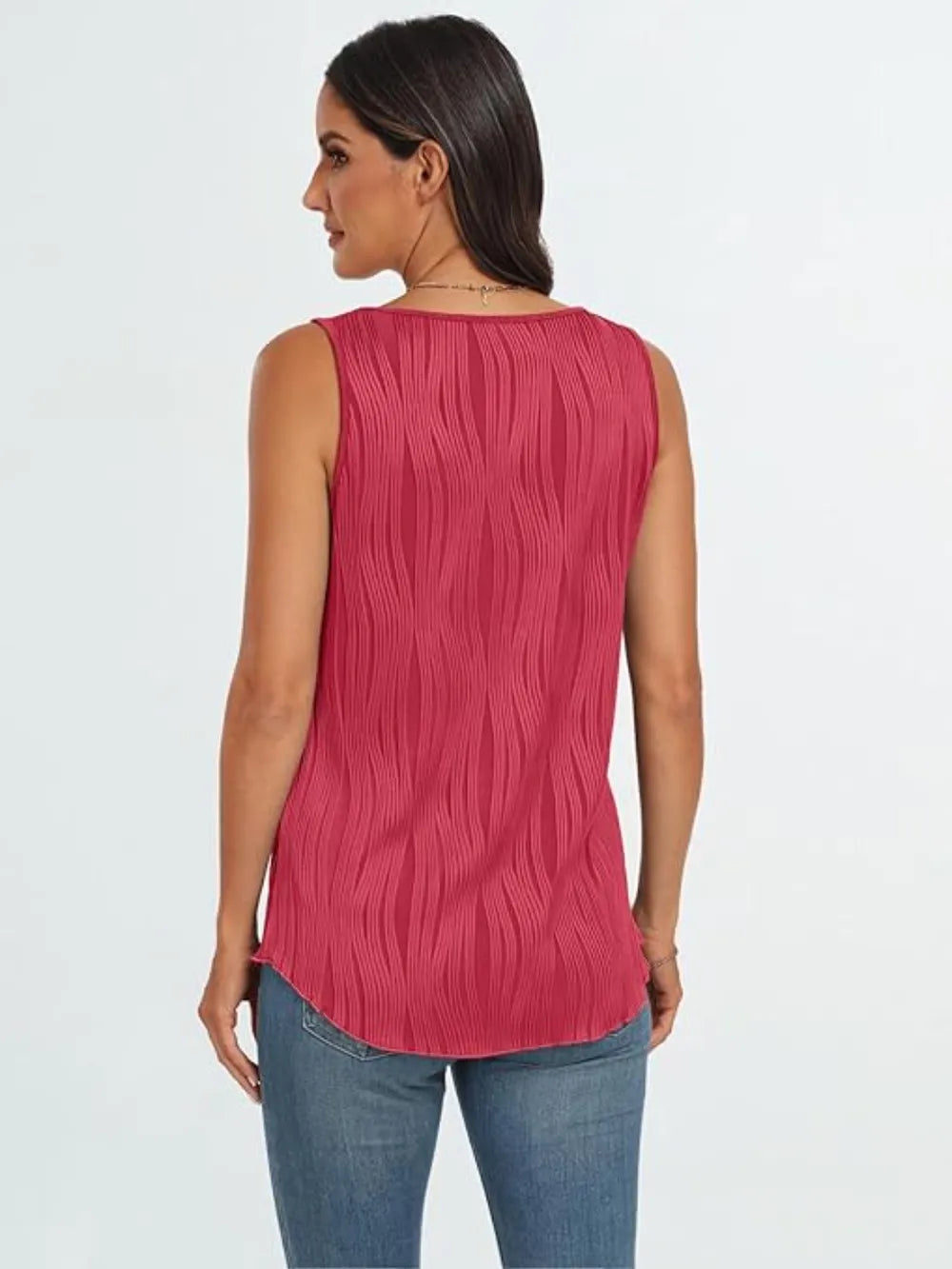 Strawberry pink back view of wide-strap tank with round neckline and vertical texture