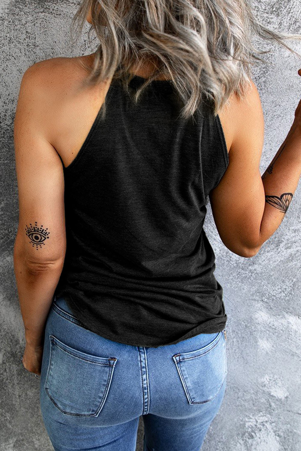 Black racerback tank top, plain back with twisted hem