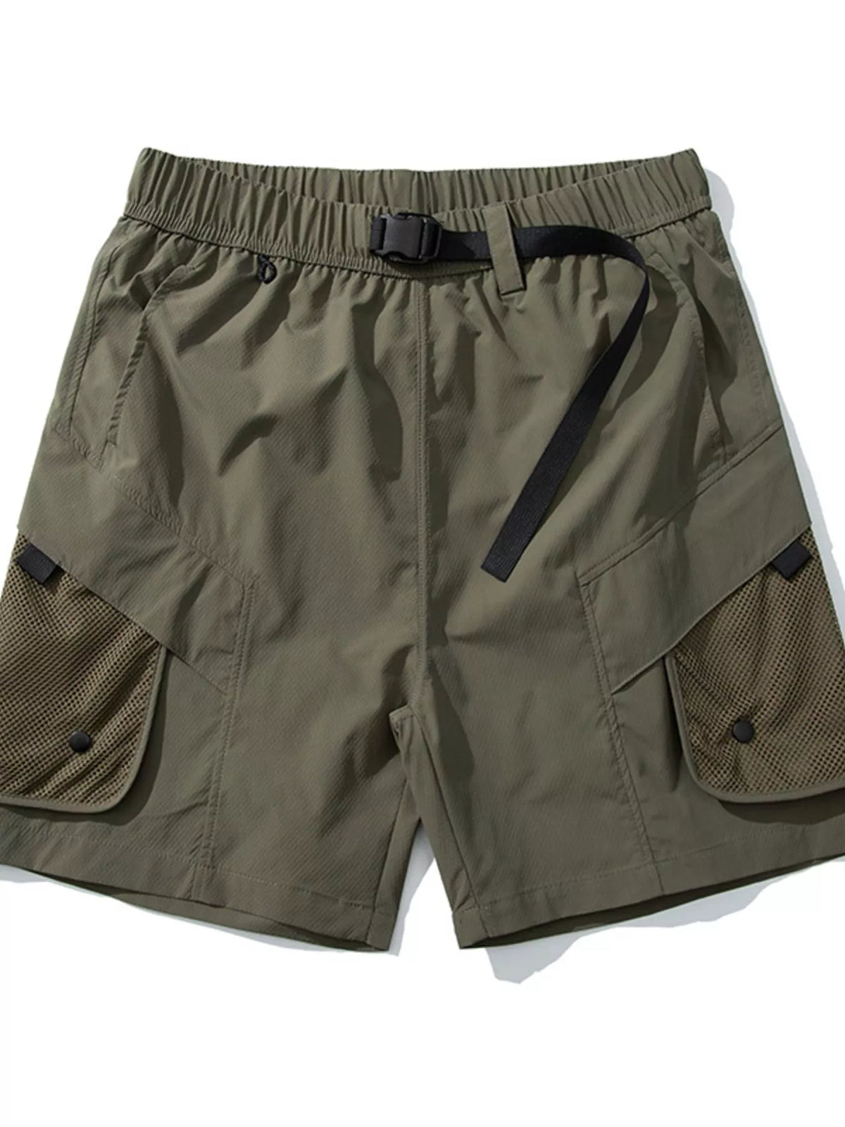 Men's lightweight cargo shorts in olive green with elastic waistband and side pocket panels