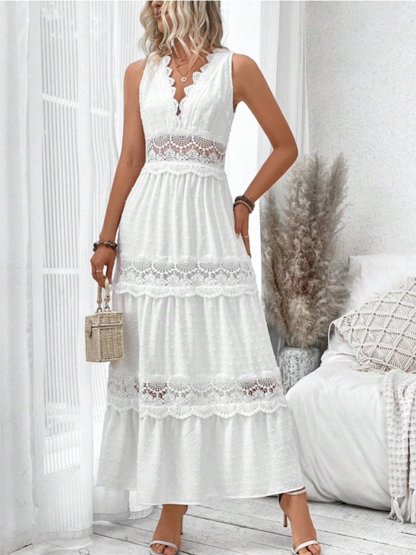 Plus Size Lace Swiss Dot Sleeveless Maxi Dress White / 2XL