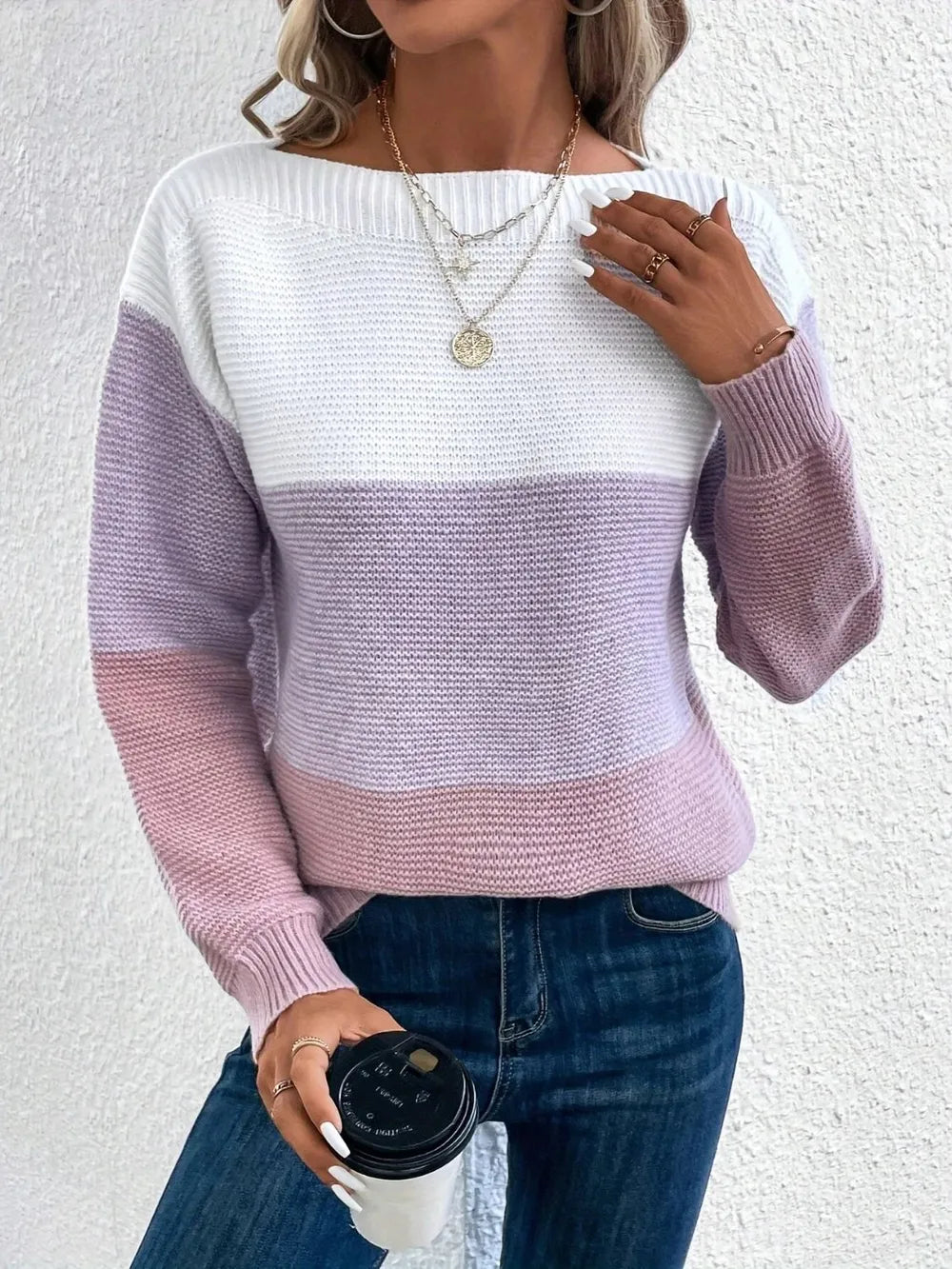 Boat-neck color block knit sweater in white with lavender and pinkish lower bands