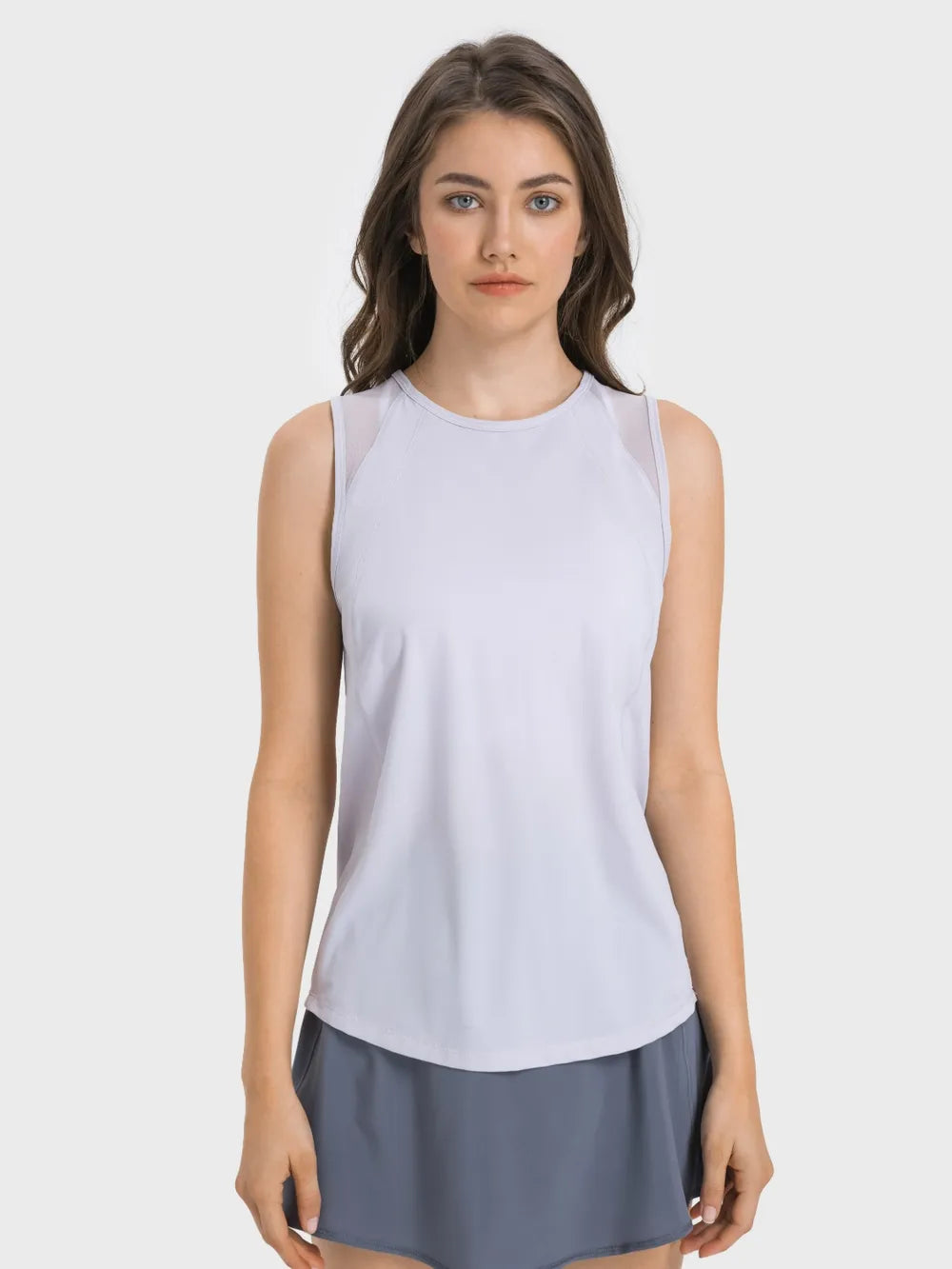 Active tank top with round neck and back cutout, white