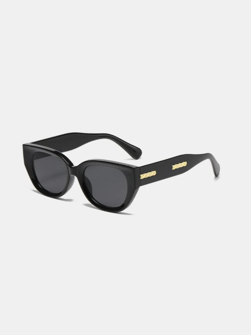 Black cat-eye polycarbonate sunglasses with dark gray lenses and slim temples