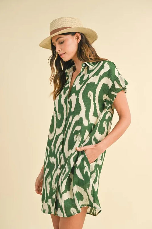 Green abstract printed mini shirt dress with frill sleeves and button front