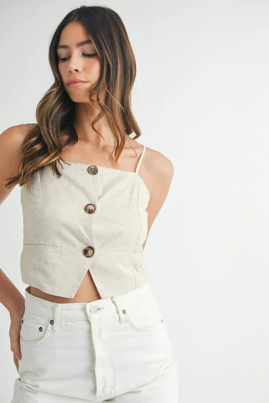 Oatmeal linen-mix button-down tank top, square neckline, thin straps, front buttons