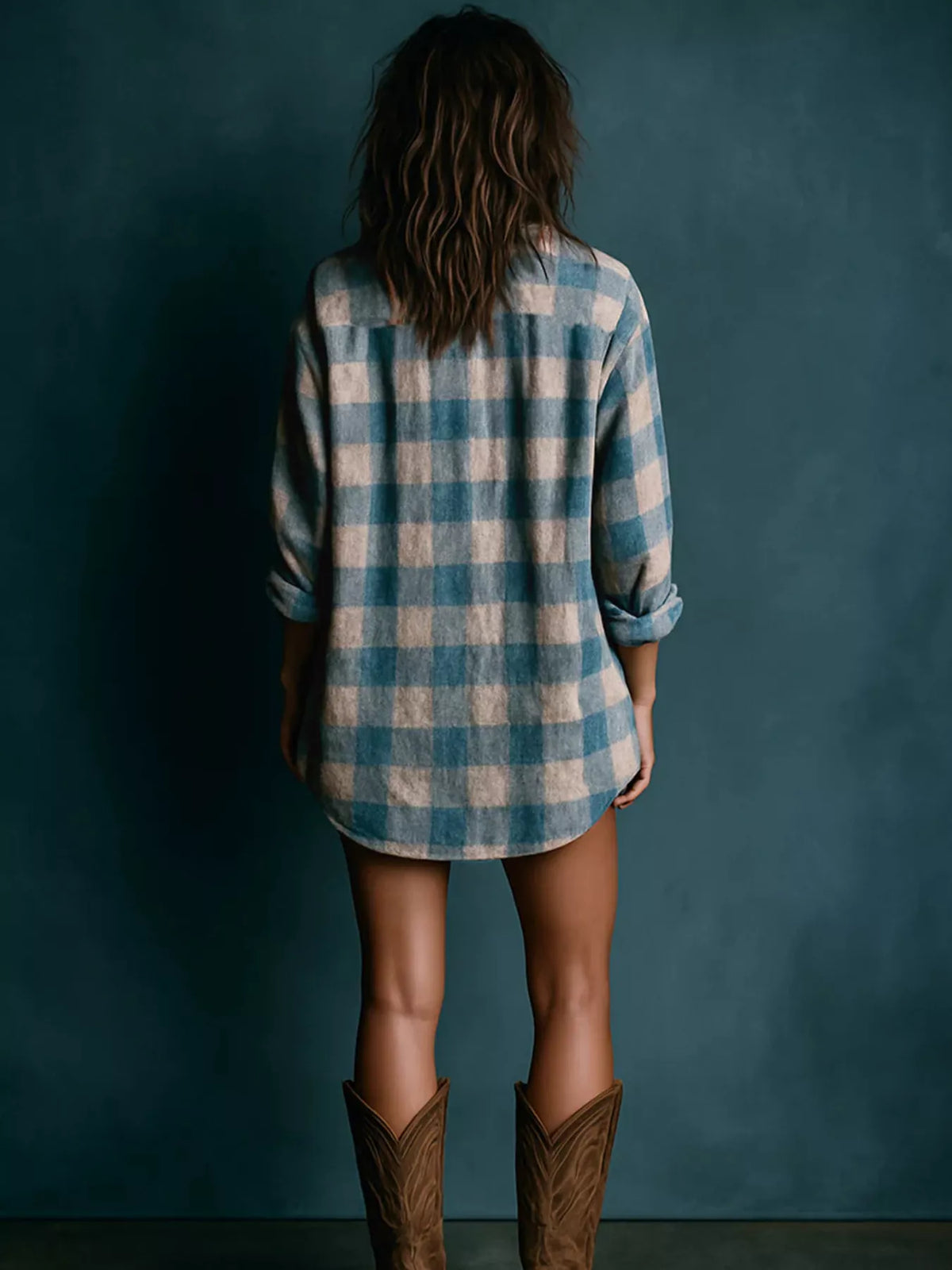 Back view of light blue plaid button-down shirt dress with long sleeves