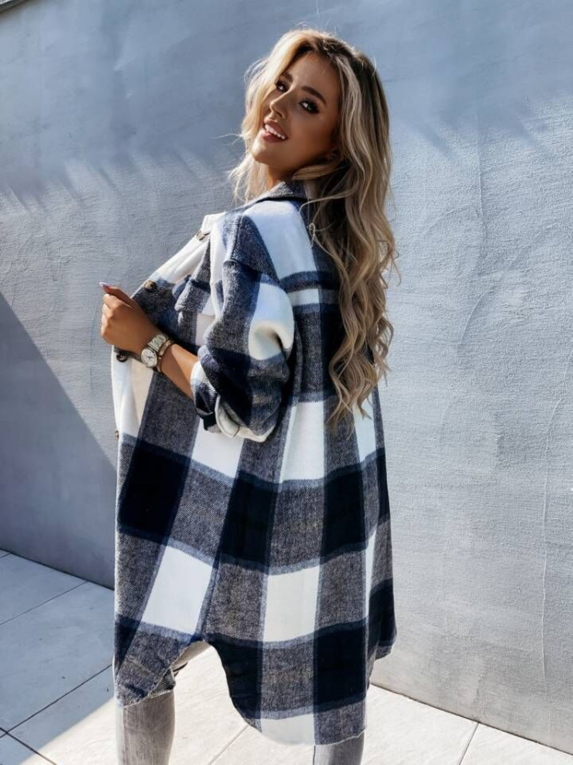 Plaid longline collared shirt in navy and white checks, button-front, long sleeves