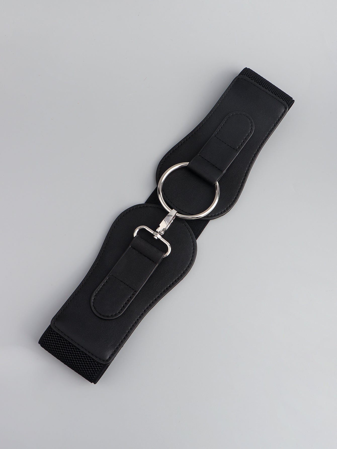 Black wide elastic belt with silver O-ring and adjustable buckle strap end