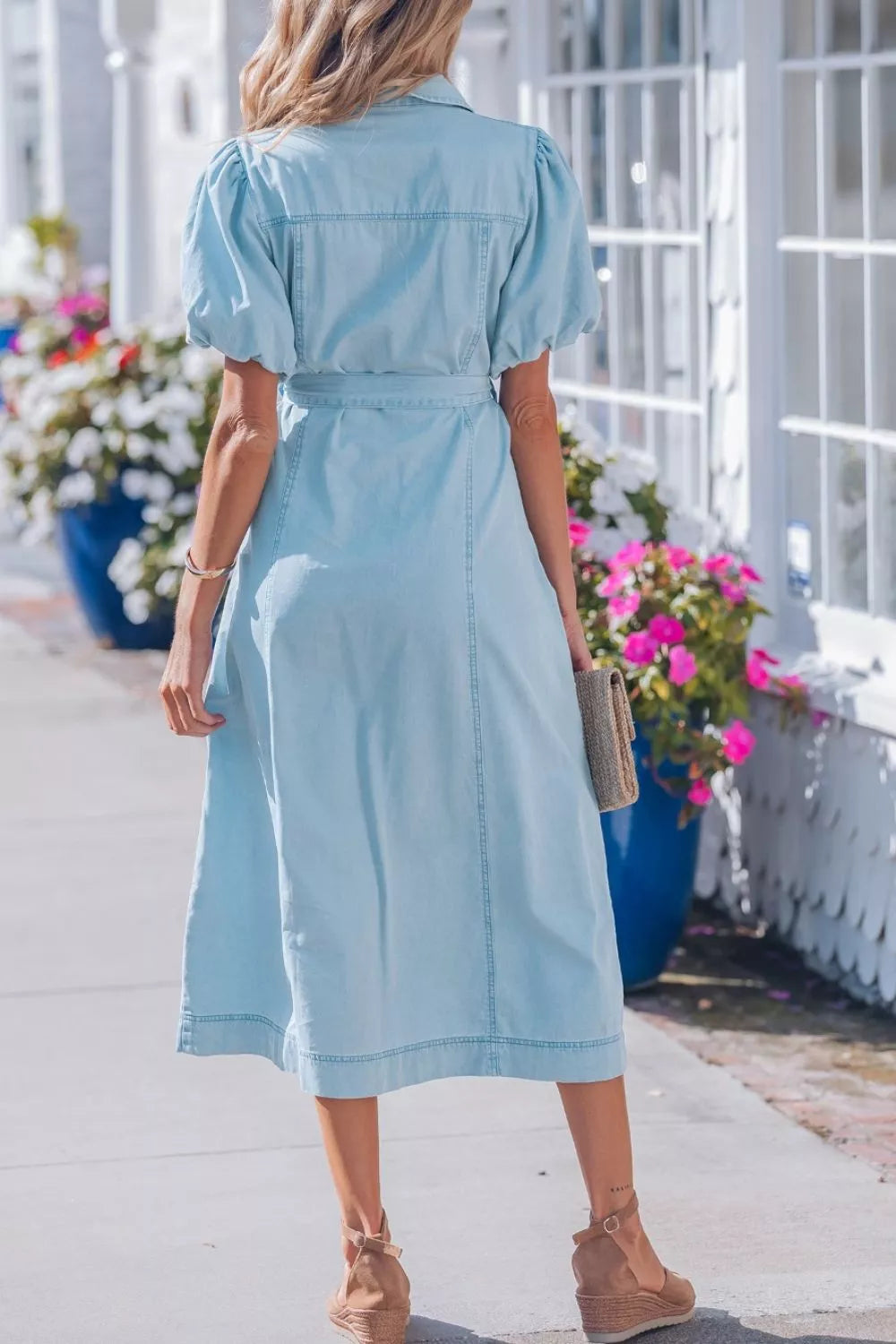 Cedar & Moore Full Buttons Collared Short Bubble Sleeve Long Denim Dress in light blue denim, back view