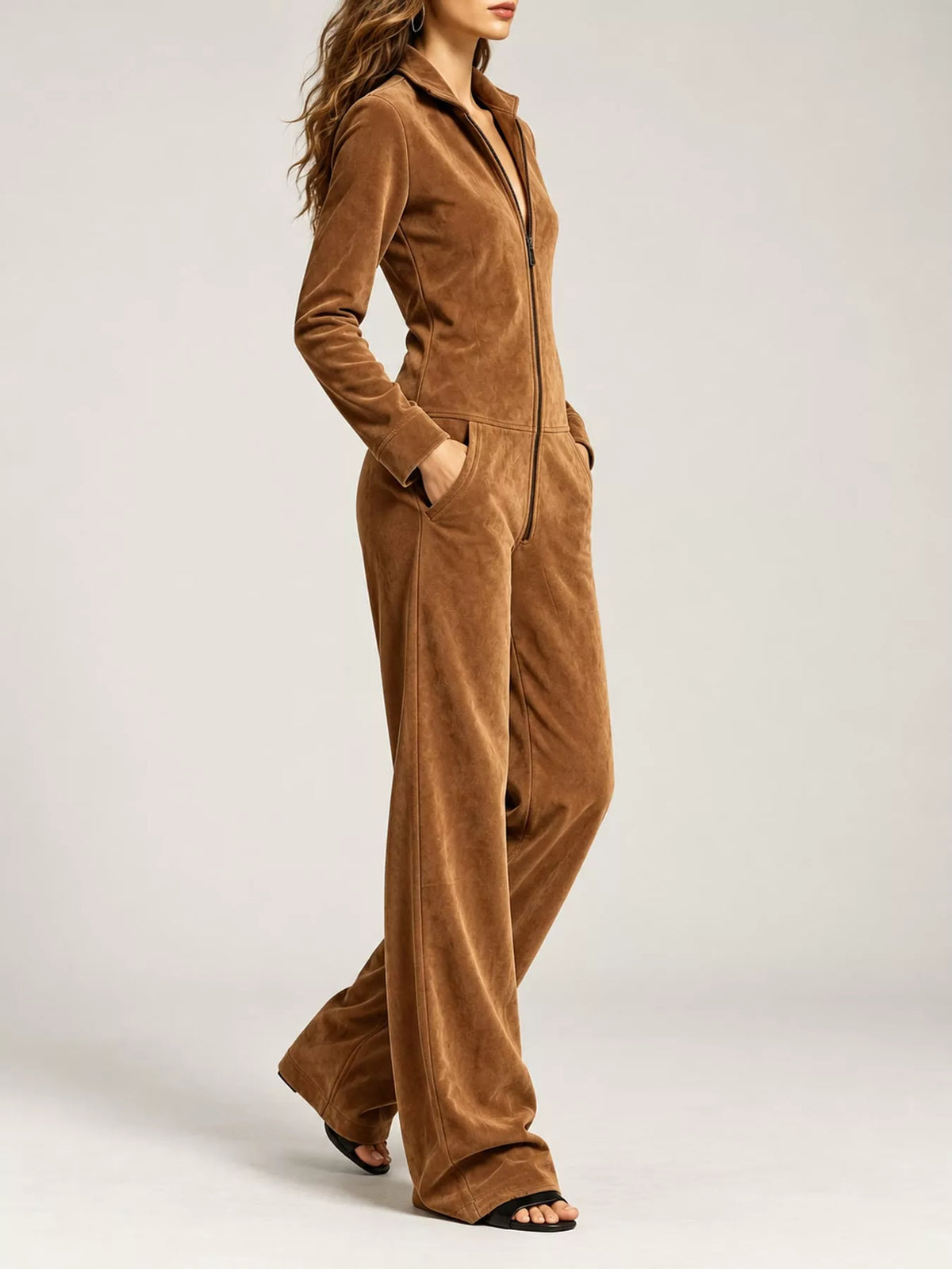 Camel brown velour zip-front jumpsuit with side pockets and long sleeves