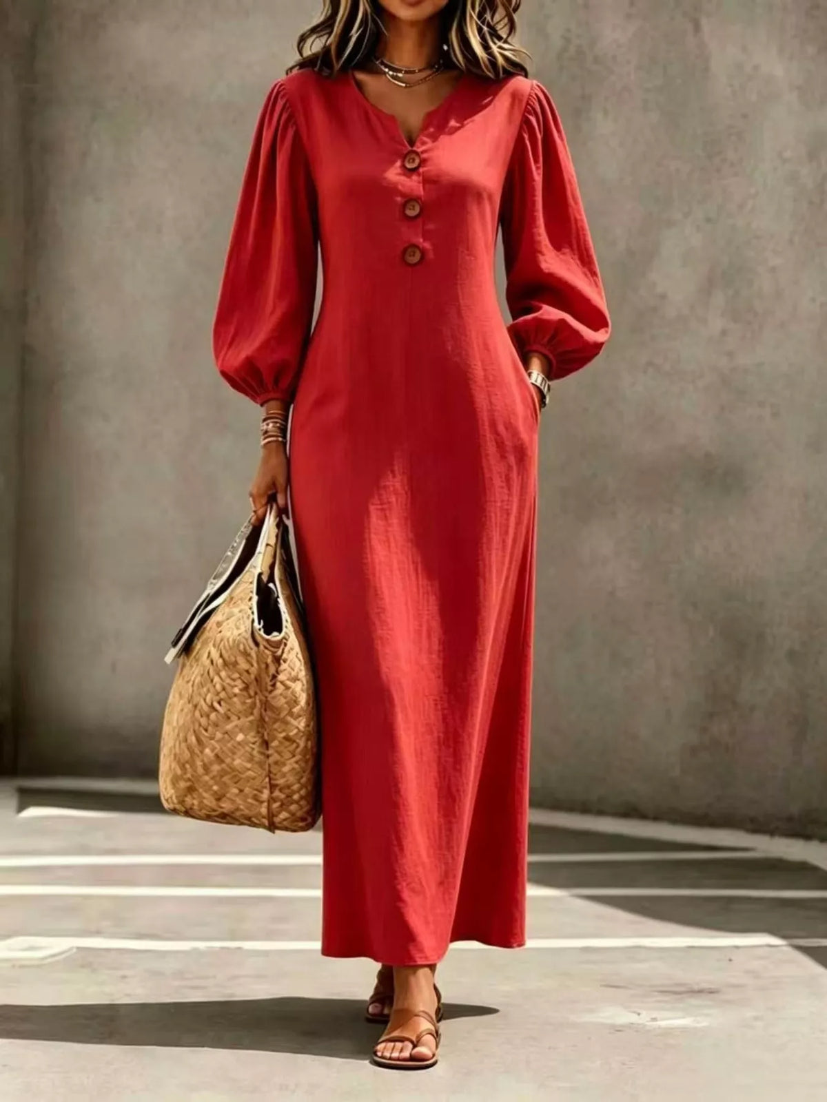 Scarlet button-front maxi dress with balloon sleeves and gathered cuffs