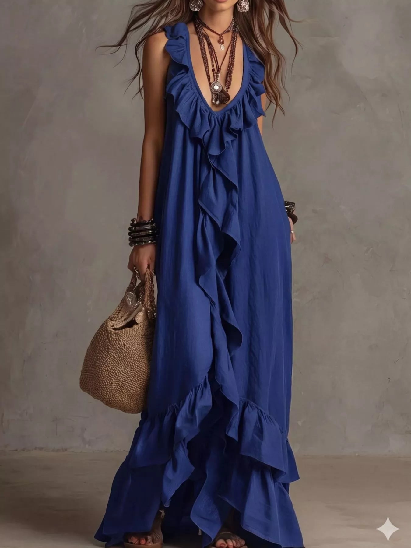 Dark blue sleeveless maxi dress with layered ruffle front and V-neckline