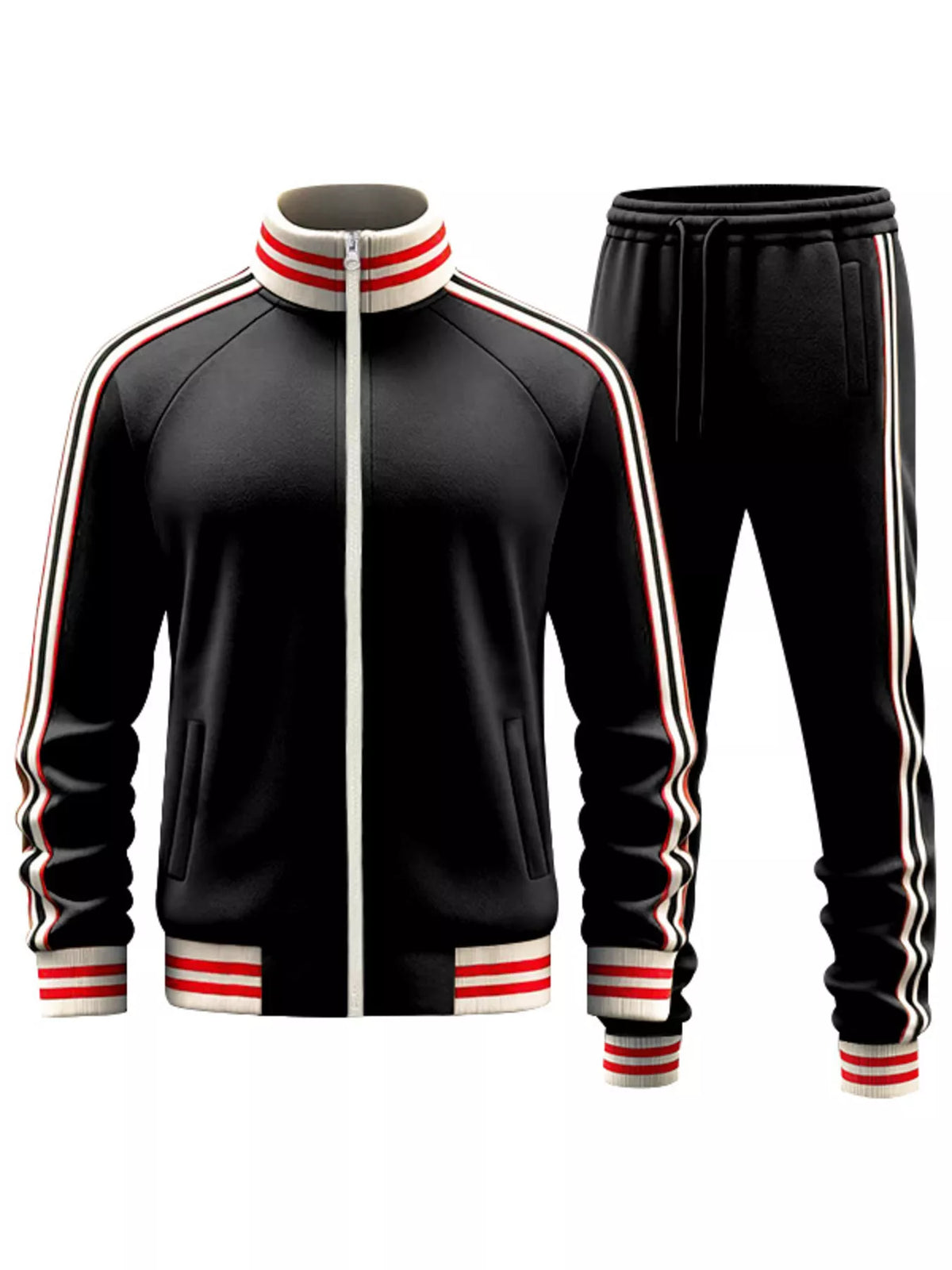Black zip-up track jacket and matching striped track pants set on white background