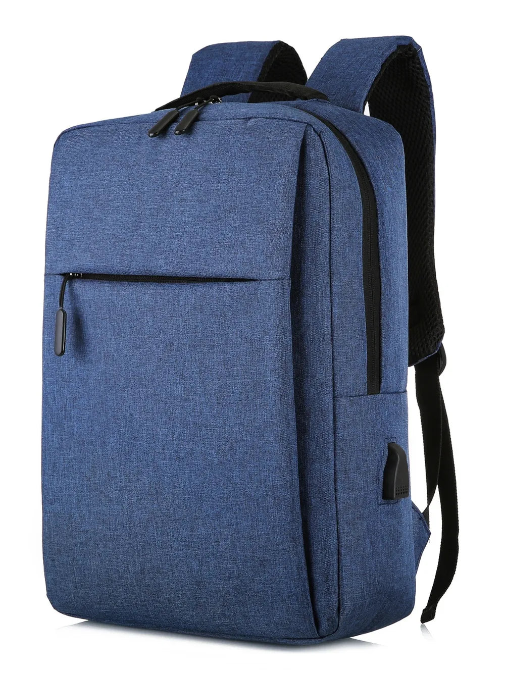 Dark blue backpack with side water-bottle pocket, top handle, and adjustable shoulder straps.