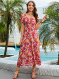 Floral square-neck midi dress with short sleeves, multicolor print; model standing