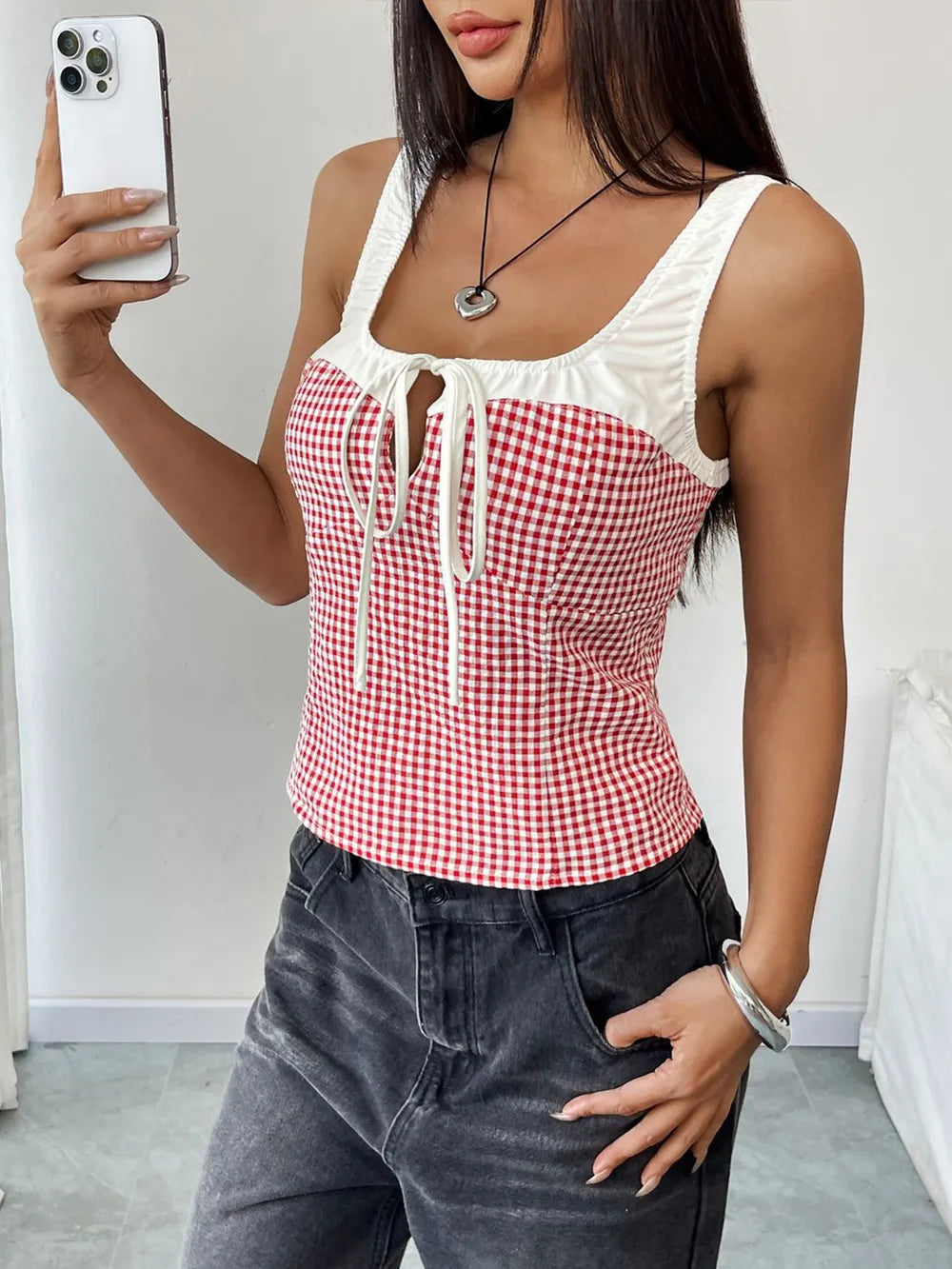 Deep red gingham square-neck tank with white ruffle trim and tied drawstring front