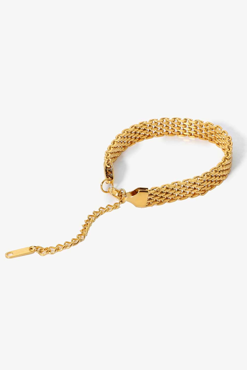 Gold-plated wide chain bracelet with textured woven links and clasp