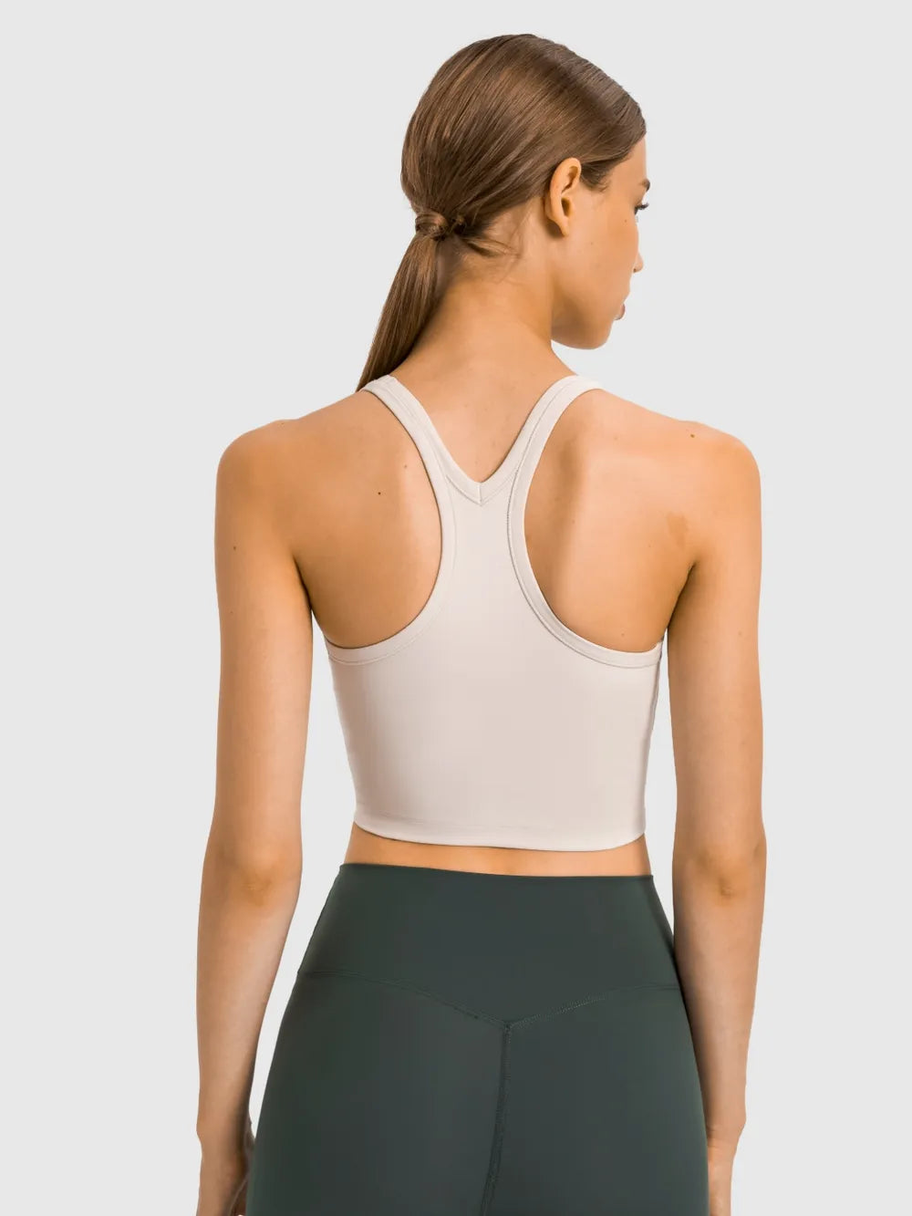 White scoop-neck active tank with racerback, back view