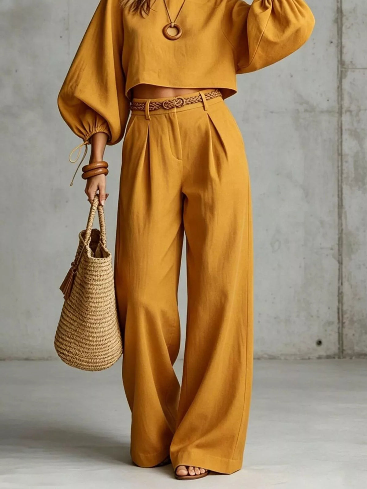 Ochre balloon-sleeve crop top with embroidered waist belt and wide-leg pants