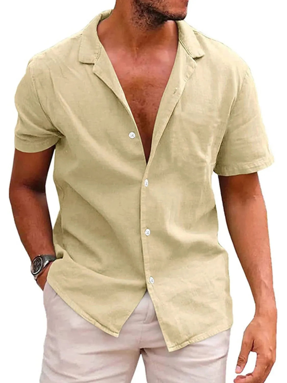 Men's khaki short-sleeve button-up shirt with open collar and front buttons
