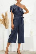Dark blue pinstripe ruffled one-shoulder tie-waist jumpsuit, wide-leg cropped