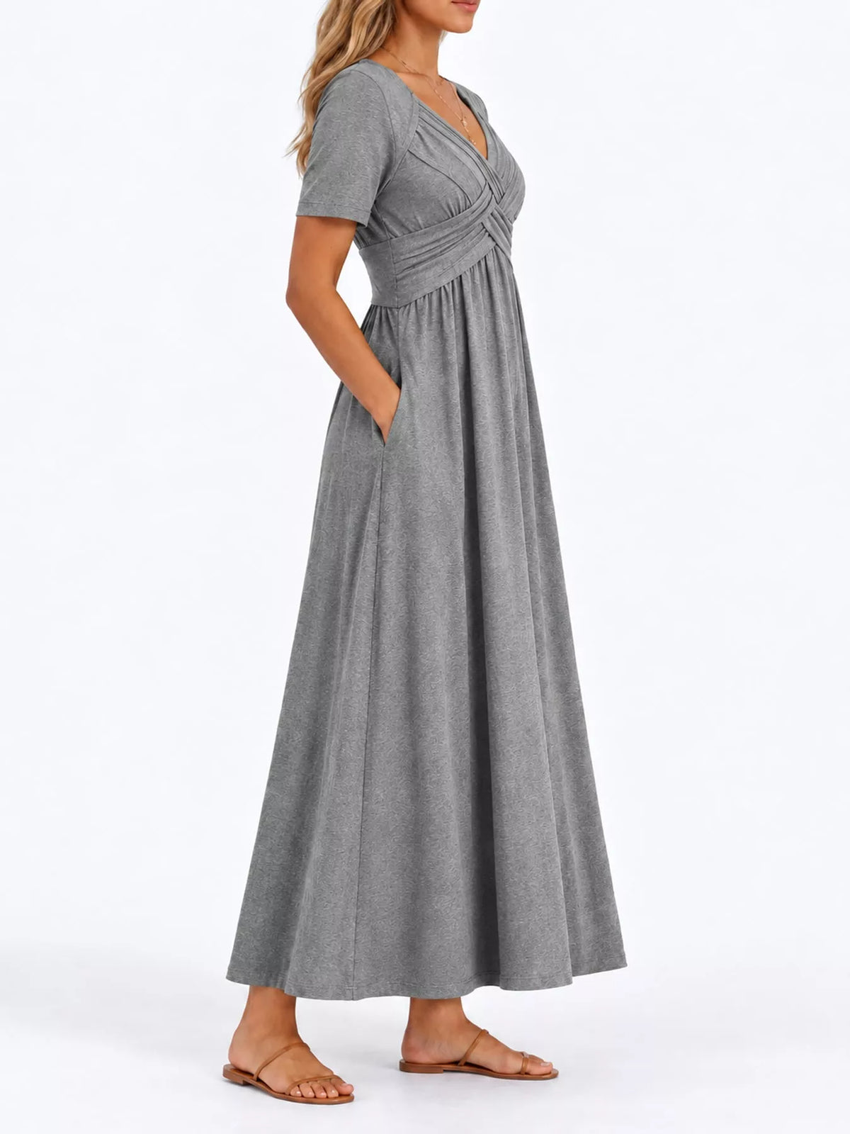 Gray crisscross V-neck high-waist midi dress with short sleeves, relaxed fit